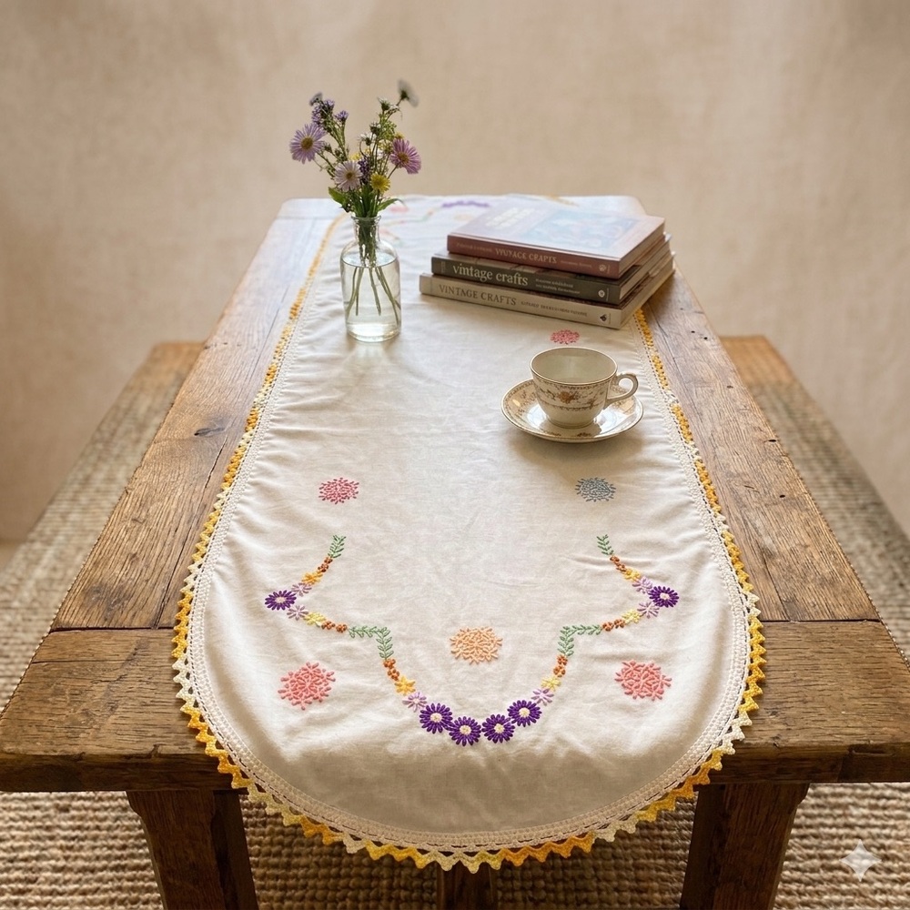 Vintage Hand Embroidered Floral Table Runner Crochet Lace Edge Cottagecore 35"